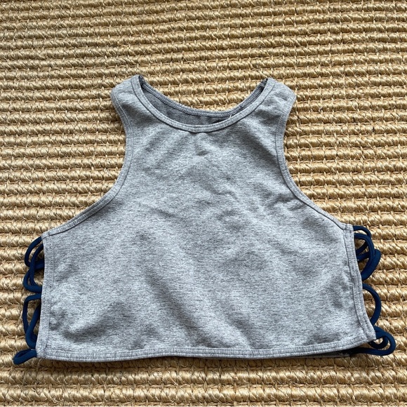 Free People Intimately Heather Grey Sports Bra with Navy Crochet Side Detailing - Picture 1 of 3